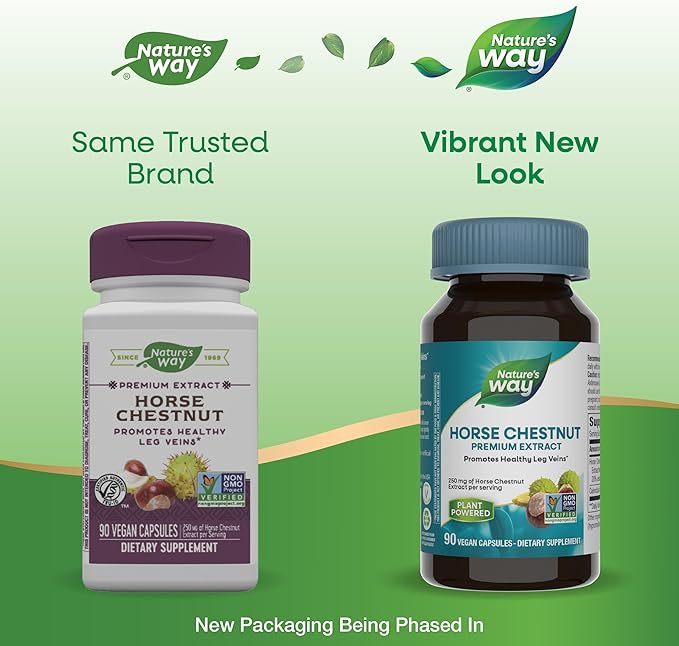 Nature's Way Horse Chestnut Extract, Premium Extract, Promotes Healthy Leg Veins*, 250 mg per Serving, Vegan, 90 Capsules (Packaging May Vary) (Pack of 2)