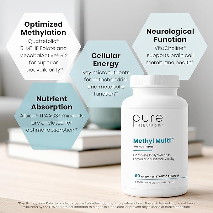 Pure Therapro Rx Methylated Multivitamin for Men and Women | Methyl Multi Without Iron + Methyl B12 & Methylfolate | Pharma Grade | 60 Capsules, 1-Month Supply