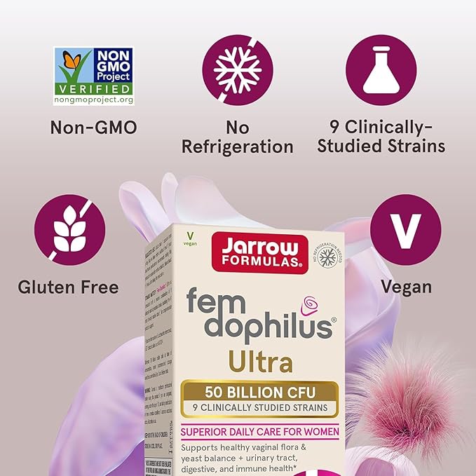Jarrow Formulas Fem-Dophilus Vaginal & Digestive Probiotic 50 Billion CFU, 9 Clinically-Studied Strains, for Vaginal Flora & Yeast Balance, Urinary Tract, Digestive, 30 Capsules (Pack of 2)