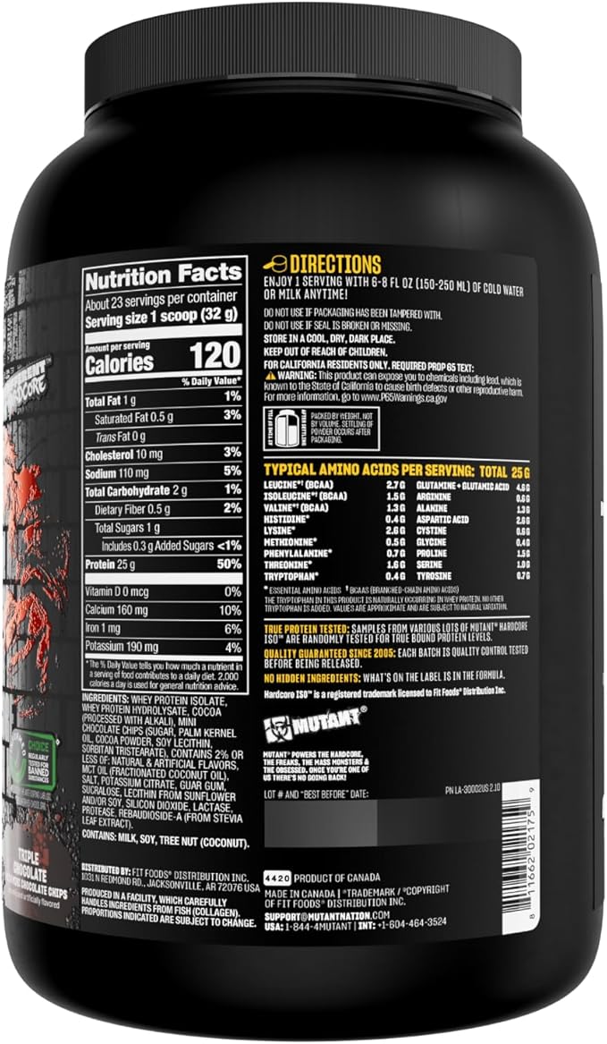 Mutant Hardcore ISO Whey Protein Powder Acts Fast to Help Recover, Build Muscle, Bulk and Strength, Uses Only Ingredients, 1.6 lb - Triple Chocolate