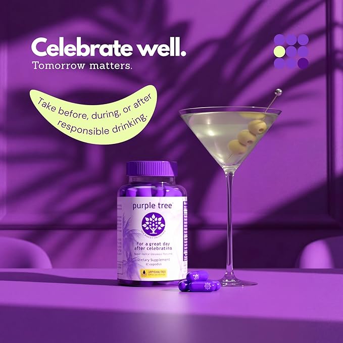 purple tree Post-Celebration Wellness Supplement for Liver Support & Hydration | Liposomal Dihydromyricetin (DHM), L-Glutathione, Milk Thistle, B Vitamins, Minerals, Willow Bark | 30 Capsules