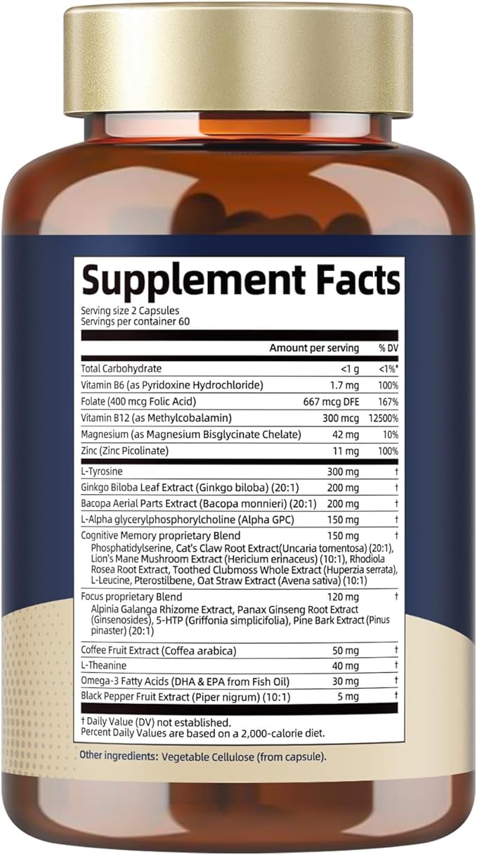 Totaria C-ognitive with Caffeine Pills, L-Tyrosine, Alpha GPC, Ginkgo Biloba, Bacopa Monnieri Brain Supplement for Memory and Focus, Brain Nootropic Support - Non-GMO, Gluten Free (2 Packs)