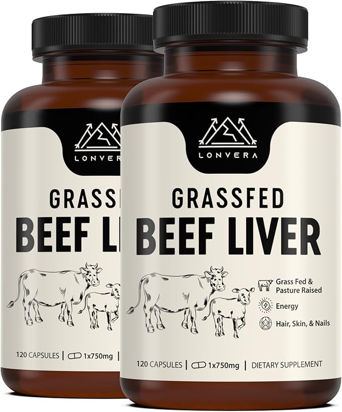 Lonvera Grass Fed Beef Liver Supplement – 3000mg Freeze Dried Desiccated Organs – Nutrient Source for Joints, Bones, Hair, Skin, Nails & Daily Energy – 120 Pasture-Raised Capsules - 60 Day Supply