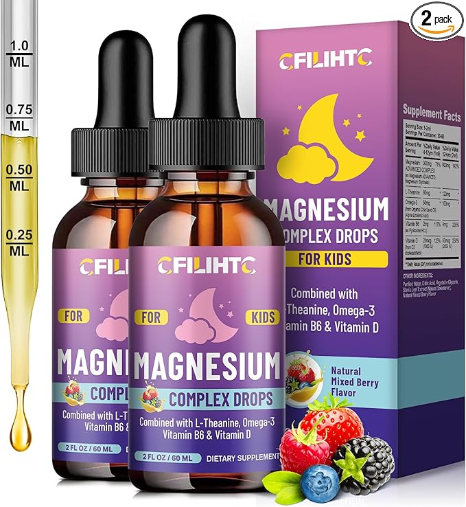 Kids Magnesium Liquid Drops-Magnesium Glycinate Liquid for Kids Supplement-w/L-theanine, Omega-3, Vitamin B6, D3 - for Sleep, Relaxation, Brain, Bones - Mixed Berry Flavor, 4 Fl Oz
