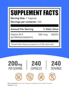 BulkSupplements.com Vitamin B12 Methylcobalamin Capsules - B12 Vitamin Supplement, B12 200mcg, for Energy Support - Gluten Free, 1 Capsule per Serving, 240 Capsules (Pack of 1)