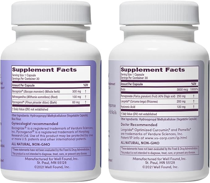 Womaness Menopause Wellness Duo for Women – Hormone Balance Support + Hair Skin & Nails Formula – Ashwagandha, Pycnogenol, Bacopa, Biotin & Hyaluronic Acid – 2 Bottles, 30 Capsules Each