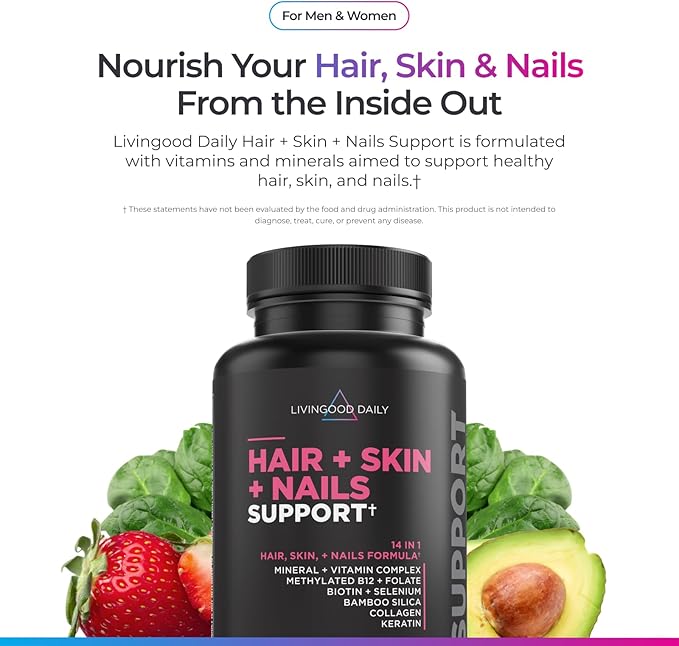 Livingood Daily Hair, Skin & Nails Supplement, 14-in-1 Formula with Biotin, Collagen, Keratin, Bamboo, Selenium, Folate, B12, Zinc and More, Beauty Supplement for Women & Men, Gluten Free, 60 Capsules
