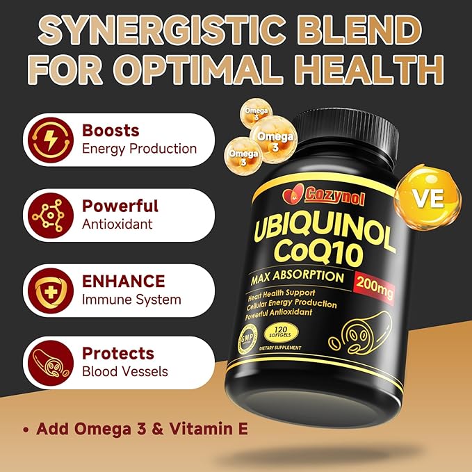 Ubiquinol CoQ10-200mg-Softgels with Vitamin E & Omega 3, High Absorption Coenzyme Q10 Support Heart Health & Energy-Production Powerful-Antioxidant, 120 Counts