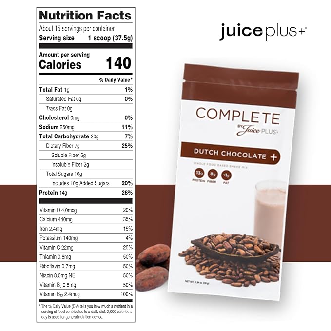 Complete by JuicePlus+ Single Serve Dutch Chocolate Shakes - Plant-Based Nutrition - Vegan, Gluten-Free, Non-GMO, Kosher, Whole Food Based Shake Powder with Protein, Fiber & Prebiotics - 15 Servings