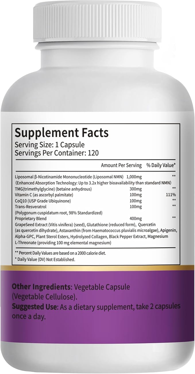 15-in-1 Liposomal NMN Supplement, 2000mg per* Serving*, 120 Day Supply, 99% Pure, NAD+ NMNH Alternative with Nicotinamide Mononucleotide, Resveratrol, TMG, CoQ10, Quercetin & Glutathione, 2 Bottles
