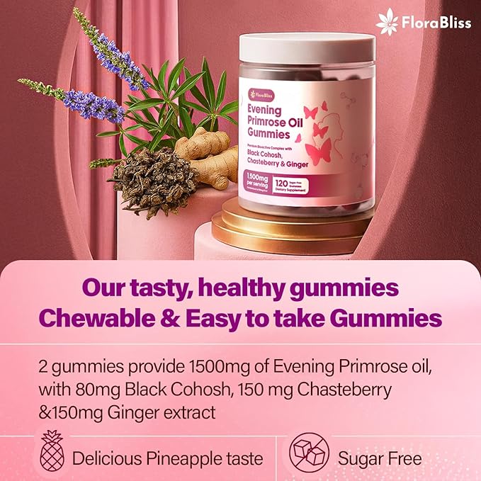 FloraBliss 120 Evening Primrose Oil Gummies | 1500mg | with Black Cohosh, Chasteberry, Ginger Extract for Daily Women's Wellness Support | Vegan, Non-GMO, Sugar-Free