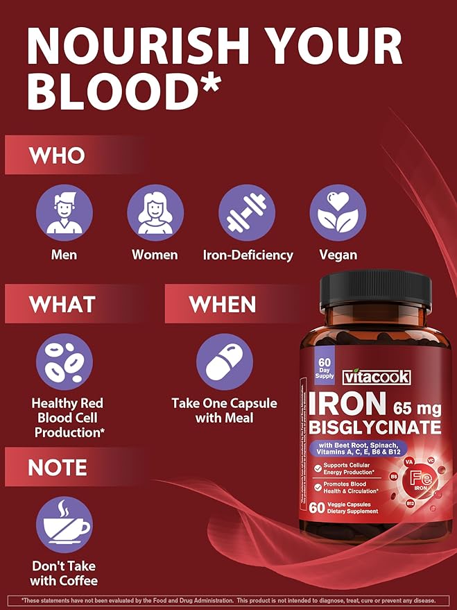 Iron Supplement for Women & Men, 65mg Ferrous Bisglycinate Chelate, Slow Release Iron with Vitamins A C E B6, B12, Folate, Organic Spinach & Beet Root Powder, for Blood Flow & Energy Support, 60 Caps