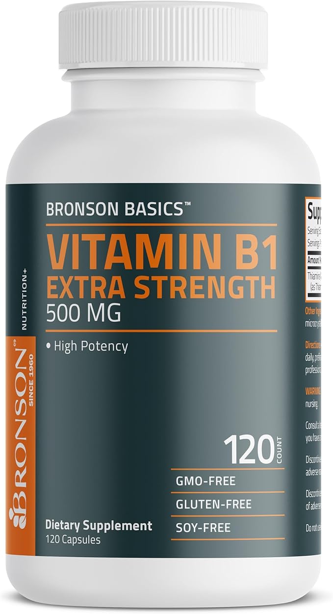 Bronson Vitamin B1 Extra Strength 500 MG High Potency Non-GMO, 120 Capsules