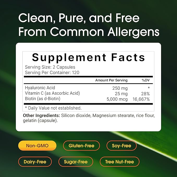 NatureBell Hyaluronic Acid 250mg - 240 Capsules - 250mg Hyaluronic Acid, 5000mcg Biotin & 25 mg Vitamin C - Supports Skin, Hair, Bone, Eye & Joint Health*