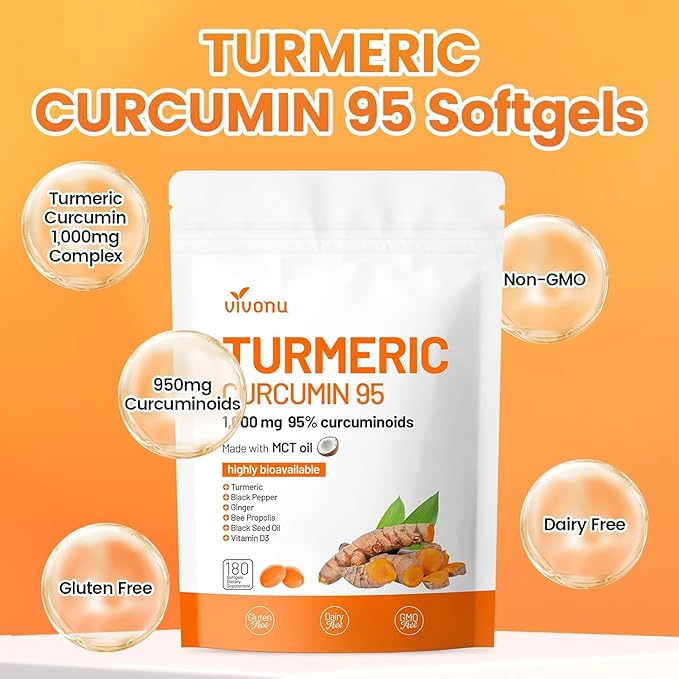 10-in-1 Turmeric Supplement Softgels, 95% Curcumin for 1000mg, Made Mct Oil, 60-Day Supply with Black Pepper, Ginger, Propolis Powder, Black Seed Oil, Saw Palmetto Oil, Zinc, Vitamin D3, E & More