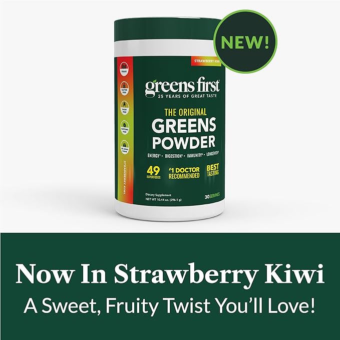 Greens First Original Greens Powder - 49 Superfoods - Organic Fruits & Veggies - Prebiotics, Probiotics & Digestive Enzymes - Antioxidant - Dairy Free/Vegan/Non-GMO (Strawberry Kiwi, 30 Servings)