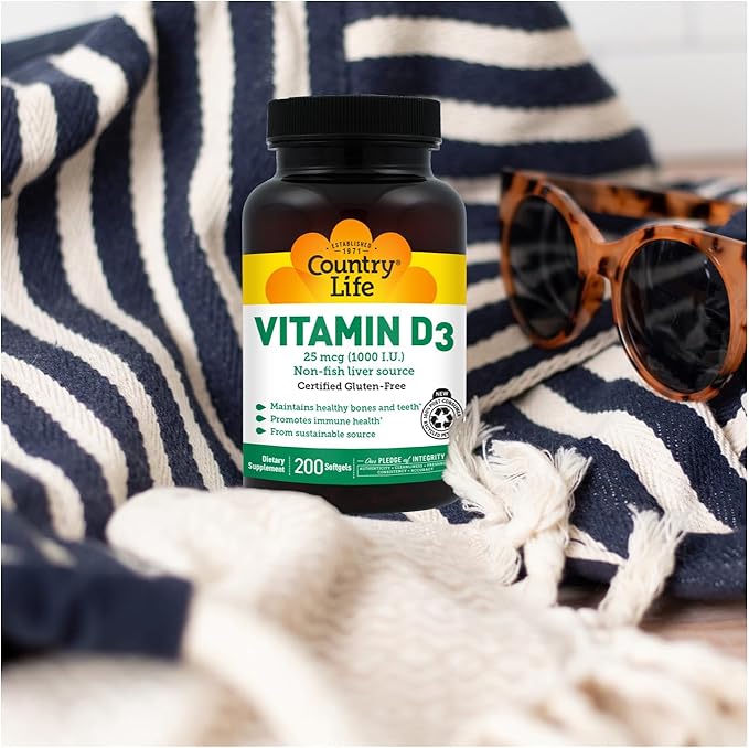 Country Life Vitamin D3 1000 IU (25 mcg) - Vitamin D Supplements - Immune Support, Supports Bones, Teeth & Muscles, Gluten-Free, Non-GMO, – 200 Softgels, 200 Servings
