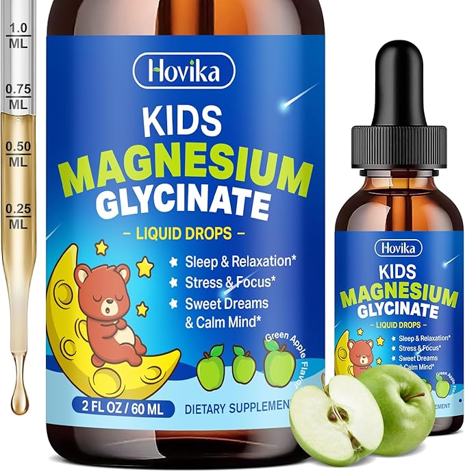 Magnesium Liquid for Kids - with L-Theanine Omega-3, Vitamin B6, D3, Zinc - Kids Magnesium Glycinate Drops for Sleep, Relaxation, Calm & Focus - 2 Fl Oz, Green Apple Flavor