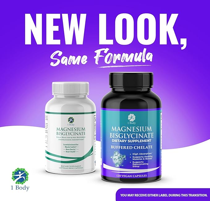 1 Body Magnesium Bisglycinate Capsules - Chelated Magnesium Supplement for Sleep Support, Muscle Cramps & Relaxation - High Absorption Formula Gentle on Stomach - 120 Count