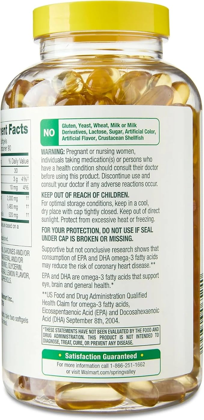 SUREFECT Spring Valley Maximum Care Omega-3 2000mg Fish Oil - 180 Softgels - General Wellness & Cardiovascular Support* - High EPA/DHA (1480mg), Lemon Flavor Organizer.
