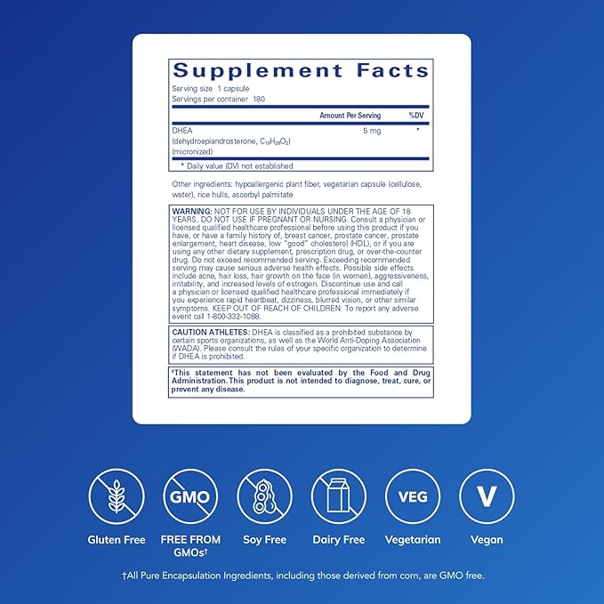 Pure Encapsulations DHEA 5 mg - Immune Support & Hormones Balance* - Micronized DHEA - Gluten Free & Vegan - 180 Capsules