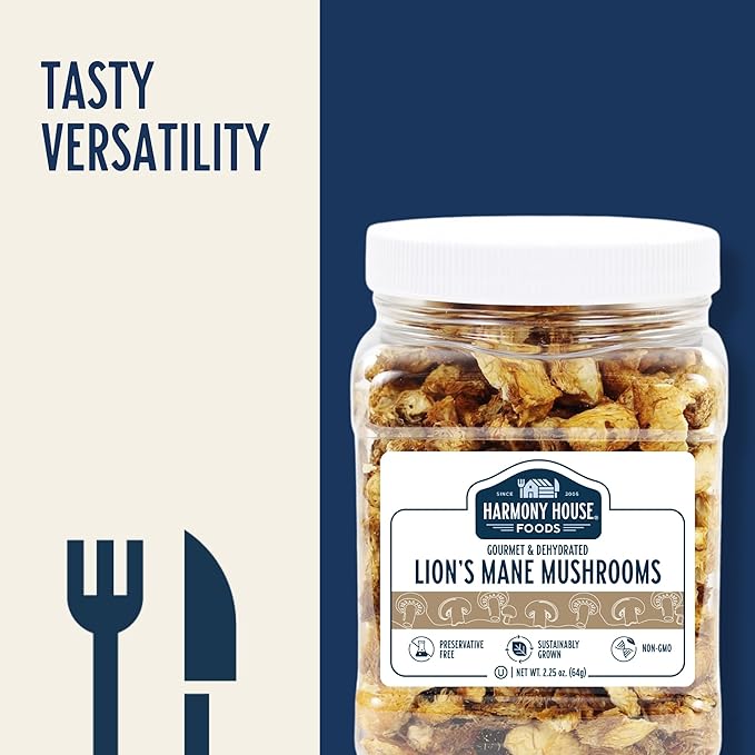 Harmony House Foods Dried Gourmet Lion's Mane Mushrooms (2.25 oz, Quart Size Jar)