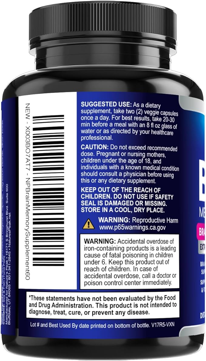 Brain Memory Supplement - 3X Strength Nootropics for Concentration, Clarity & Focus Support - Brain Health Cognitive Vitamins with Bacopa, Phosphatidylserine & DMAE, Brain Booster Pills, 60 Capsules