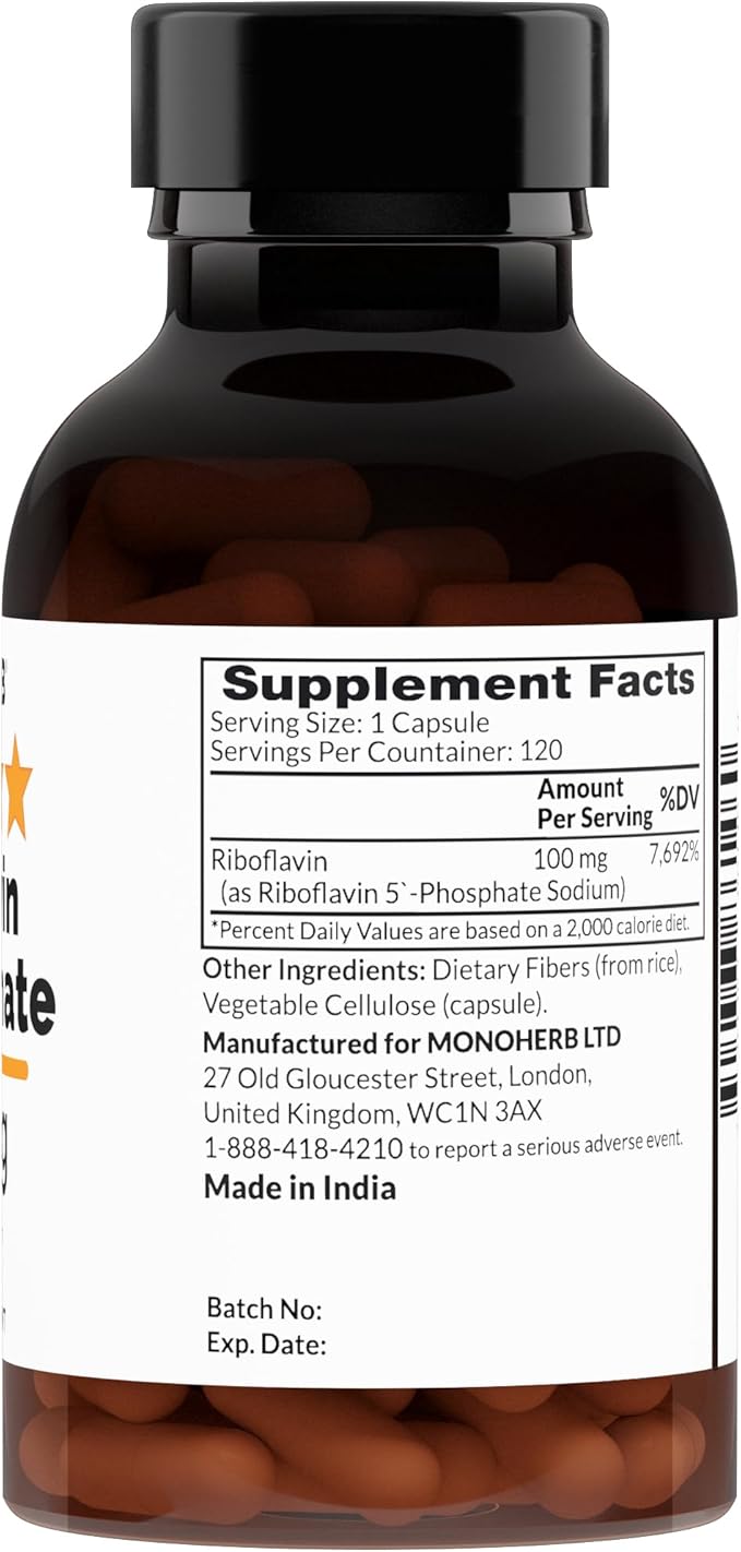 MONOHERB Riboflavin 5'-Phosphate 100 mg - 120 Vegetarian Capsules - Bioactive Vitamin B2