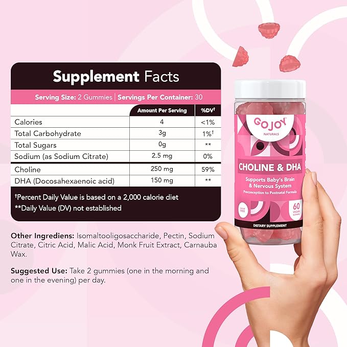 GOJOY NATURALS Prenatal Gummies with Choline & DHA - Preconception, Pregnancy & Postnatal Vitamins for Women - Choline 250mg + DHA 150mg - Vegan, Sugar-Free, Non-GMO