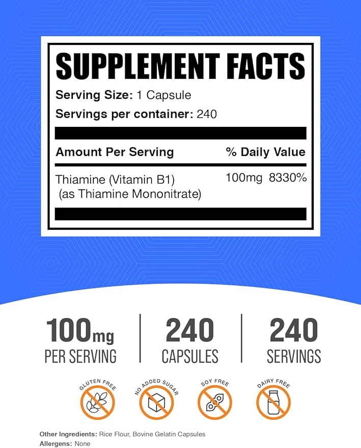 BulkSupplements.com Thiamine Mononitrate Capsules - as Vitamin B1, Thiamine B1 Supplement, Thiamine 100mg - Gluten Free, 1 Capsule per Serving, 240 Capsules (Pack of 1)