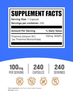 BulkSupplements.com Thiamine Mononitrate Capsules - as Vitamin B1, Thiamine B1 Supplement, Thiamine 100mg - Gluten Free, 1 Capsule per Serving, 240 Capsules (Pack of 1)