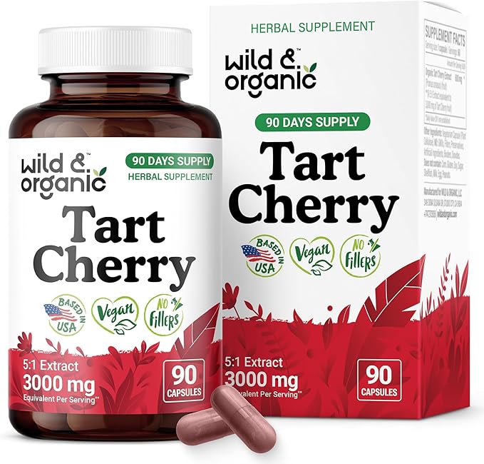 Wild & Organic Tart Cherry Capsules 600 mg - Uric Acid Support - Tart Cherry Extract Supplement - Prunus Cerasus Fruit Powder - 90 Days of Supply - Vegan, No Fillers, Non-GMO - 90 Count