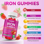 Iron Supplement Gummies for Women & Men, Vegan Iron Gummies with Vitamin C, A, B-Complex, Folate, Zinc for Blood Building & Energy Support, Strawberry Flavor, 60 Count