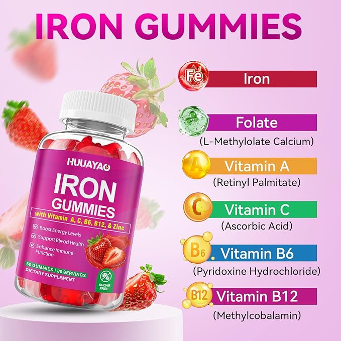 Iron Supplement Gummies for Women & Men, Vegan Iron Gummies with Vitamin C, A, B-Complex, Folate, Zinc for Blood Building & Energy Support, Strawberry Flavor, 120 Count