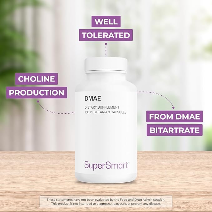 Supersmart - DMAE Supplement 390mg per Day (Dimethylaminoethanol) - from DMAE Bitartrate - Choline Production | Non-GMO & Gluten Free - 150 Vegetarian Capsules