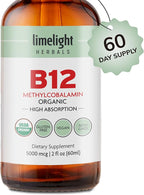 USDA Organic Vitamin B12 Liquid Drops 5000 mcg, Methylcobalamin, Sublingual, Fast Absorption, Cellular Energy, Metabolism Support, Nervous System, Mental Focus, Vegan, Non-GMO, 2 fl oz, 60 Servings