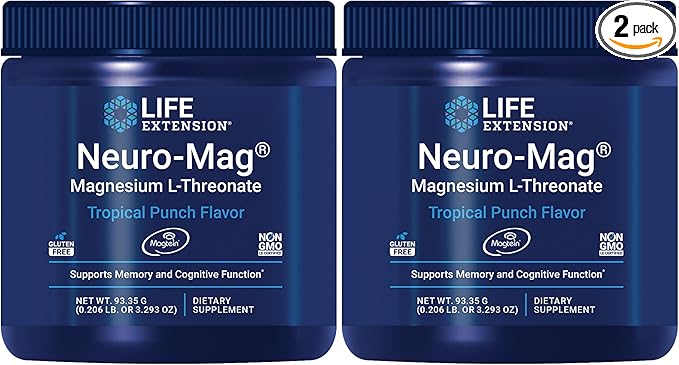 Life Extension Neuro-Mag Magnesium L-Threonate Powder (Tropical Punch)-Ultra-Absorbable Magnesium-Supports Memory,Focus,Cognitive Function&Mood-Gluten free,Non-GMO,Vegetarian (30 Servings),(Pack of 2)