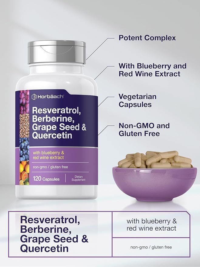 Horbäach Resveratrol Berberine Grape Seed & Quercetin | with Blueberry & Red Wine Extract | 120 Capsules | Non-GMO, Gluten Free & Vegetarian Supplement
