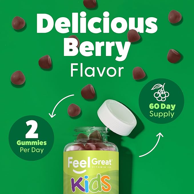 Feel Great Super Green Gummies for Kids | Fruit and Vegetable Gummies | Vegan Veggie Gummy Multivitamin for Kids | Veggie Fiber Supplement | 60 Count