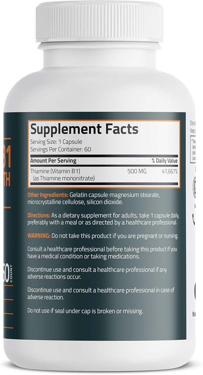 Bronson Vitamin B1 Extra Strength 500 MG High Potency Non-GMO, 60 Capsules