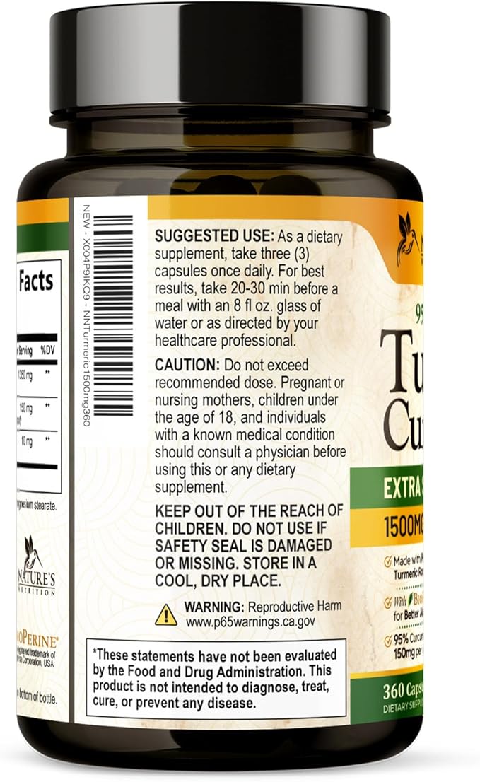 Turmeric Curcumin Supplement 1500mg - Organic Tumeric & BioPerine Black Pepper for Best Absorption with 95% Curcuminoids, Nature's Joint & Immune Support, Non-GMO, Bottled in USA - 360 Capsules