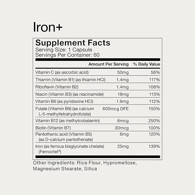 Momentous Iron+ with Vitamin C & Vitamin B Complex - Ferrochel Iron Capsules for Foundational Health Support - NSF Certified for Sport - Gluten-Free - 60 Servings