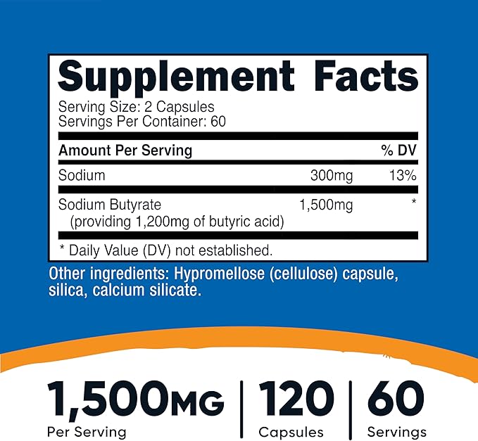 Nutricost Sodium Butyrate 1,500mg Per Serving, 120 Capsules for 60 Servings Per Bottle - Provides 1,200mg of Butyric Acid, Vegan, GMO-Free, Gluten-Free