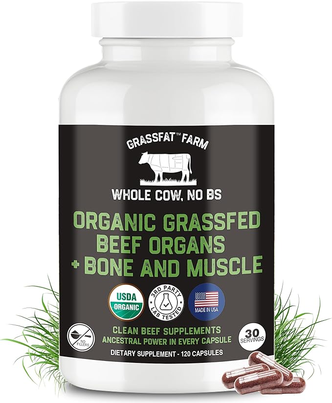 Grassfat Farm - USDA Certified Organic 100% Grassfed Beef Organ Supplements - Whole Cow with Nothing Added - Beef Liver, Kidney, Lungs, Heart, Bone & Muscle - NO Uterus or Fallopian - 30-Day Supply