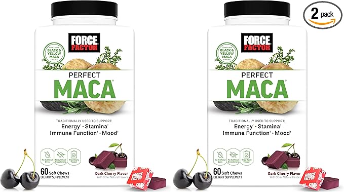 Force Factor Perfect-Maca, Maca Root and DIM Supplement with Saffron to Boost Energy &Mood, with Yellow & Black, Vitamins, Minerals, and Antioxidants, Dark Cherry Flavor,60 Soft Chews,(Pack of 2)