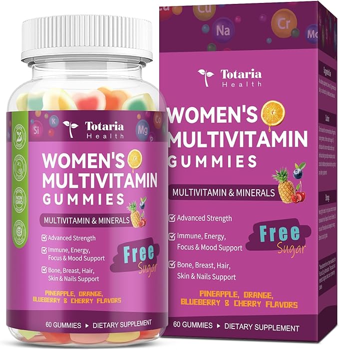 Totaria Sugar Free Multivitamin Gummies for Women 14+ w/Iron, Inositol, Folate, Biotin, Womens Daily Multivitamin Gummy w/Vitamin A, C, B, D3, K2, for Hair, Skin, Energy, Immune, Mixed Flavors