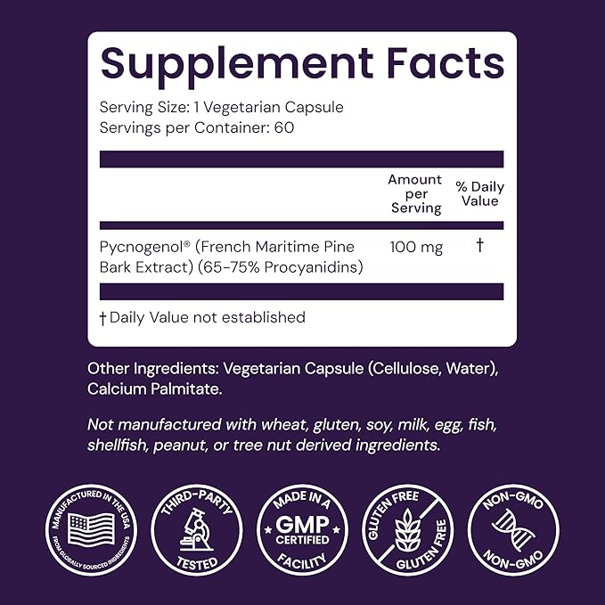 Healthy Origins Pycnogenol 100 mg (Nature's Super Antioxidant, Non-GMO, Gluten Free, Cardiovascular Support), 60 Veggie Caps