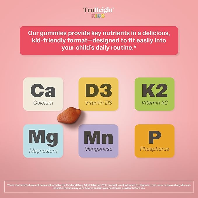 TruHeight Kids Bone Growth Gummies (Strawberry, Ages 2+) Tall Nutrition for Natural Growth for Kids & Toddlers - Vitamin D, Calcium, K, Magnesium Multivitamin, Bone Strength Vitamins, D3 K2, Taller