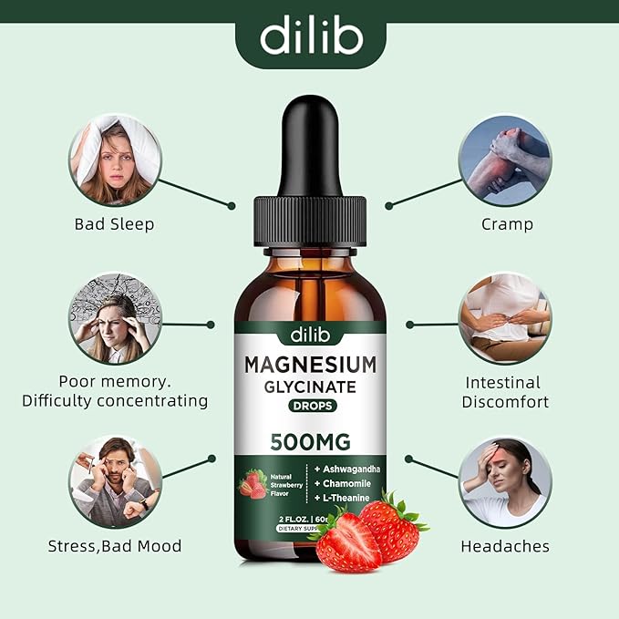 Magnesium Glycinate Liquid Drops Supplement, with Magnesium Glycinate 500mg Ashwagandha, L - Theanine, Chamomile -Support Stress Relief, Bone, Muscle, Mood Strawberry Flavor 2Pack