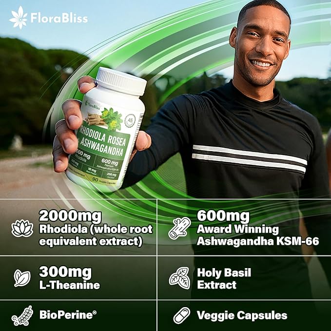 FloraBliss Rhodiola Rosea with Ashwagandha KSM-66, L-Theanine, Holy Basil & Black Pepper - 90 High Potency Vegan Capsules - 45-Day Supply - No Artificial Additives